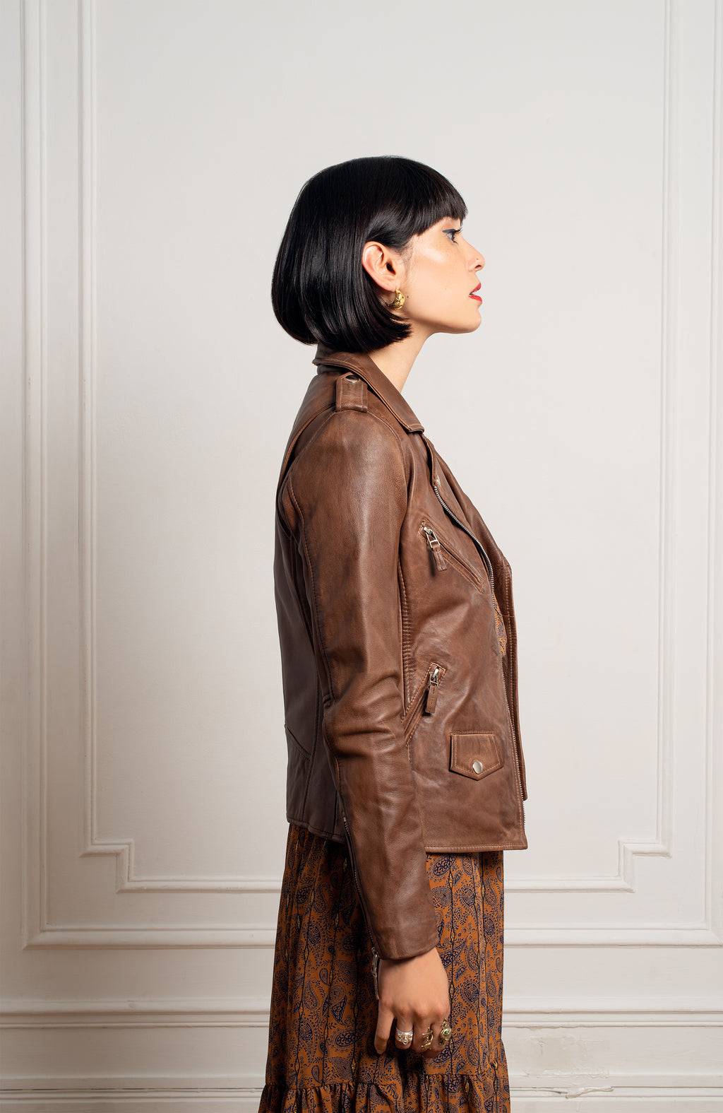 Perfecto en cuir d'agneau vieilli marron pour femme Milan - Vêtements cuir Paris - Créateur Parisien