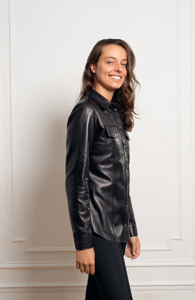 Chemise en cuir d'agneau plume noir pour femme Saint Germain - Créateur Parisien - Vêtements en cuir 