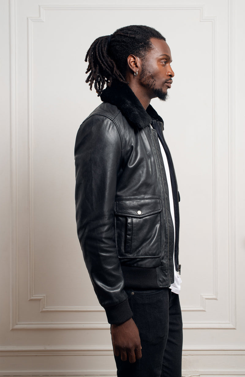 Blouson aviateur l'emblématique cuir d'agneau plongé noir homme - Vêtements en cuir Paris - Créateur Parisien